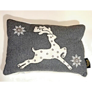 Debarge Throw Pillow Lumbar Reindeer Silver Grey Metallic Christmas Beaded 19x13